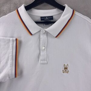 Psycho Bunny Polo Shirt Mens Size 2 White Rainbow Trim Skull Logo‎ Cotton Pique